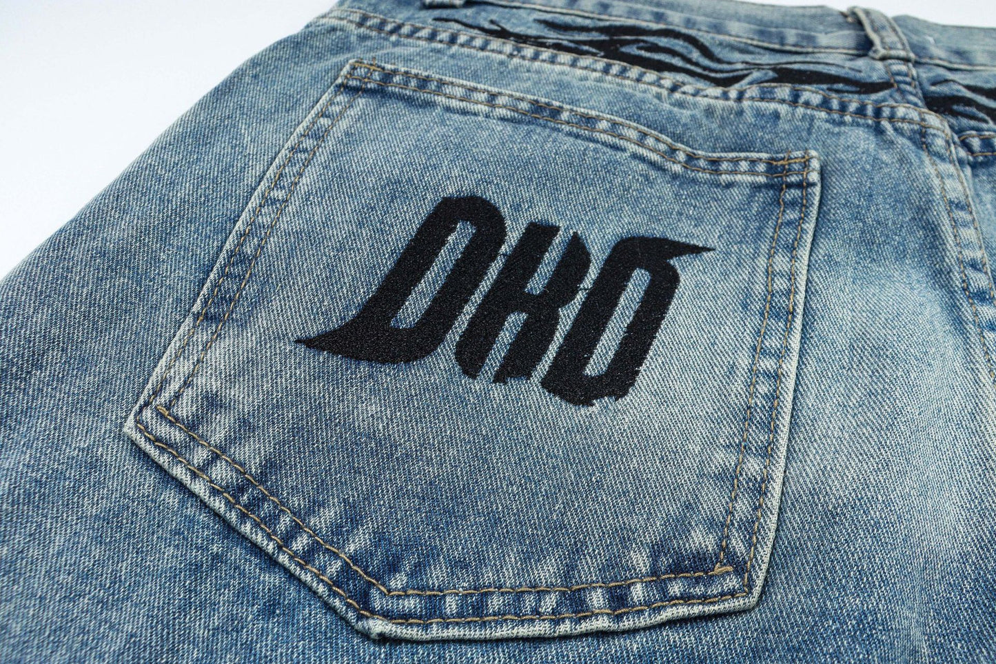 High Street Patch Flame Letter Embroidered Jeans