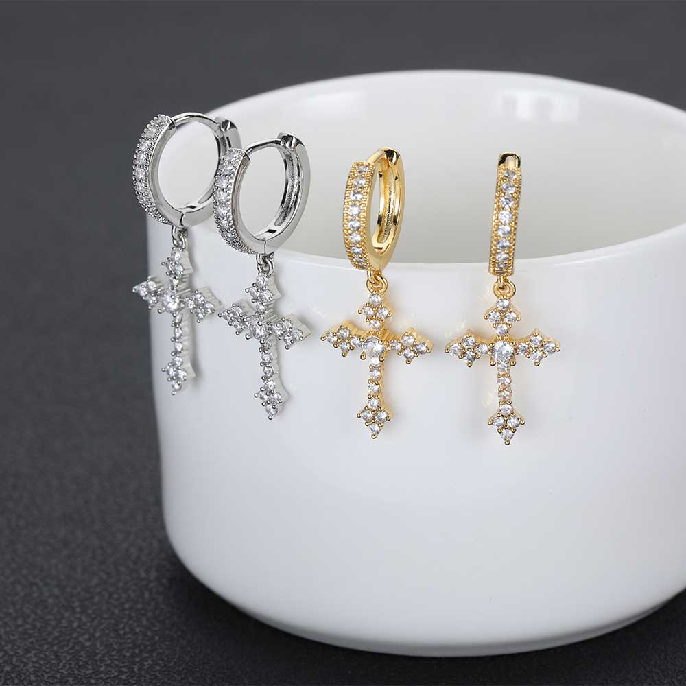 Silver Needle Inlaid Zirconium Cross Ear Buckle