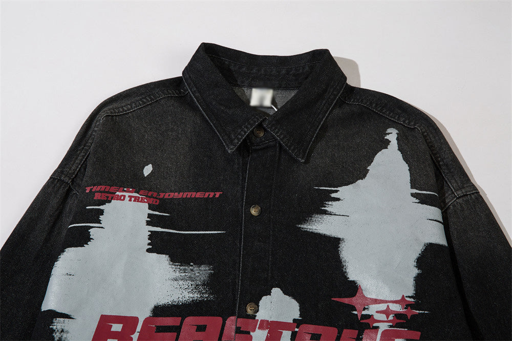 Dark Depressed Abstract Printing Shirt Denim Coat