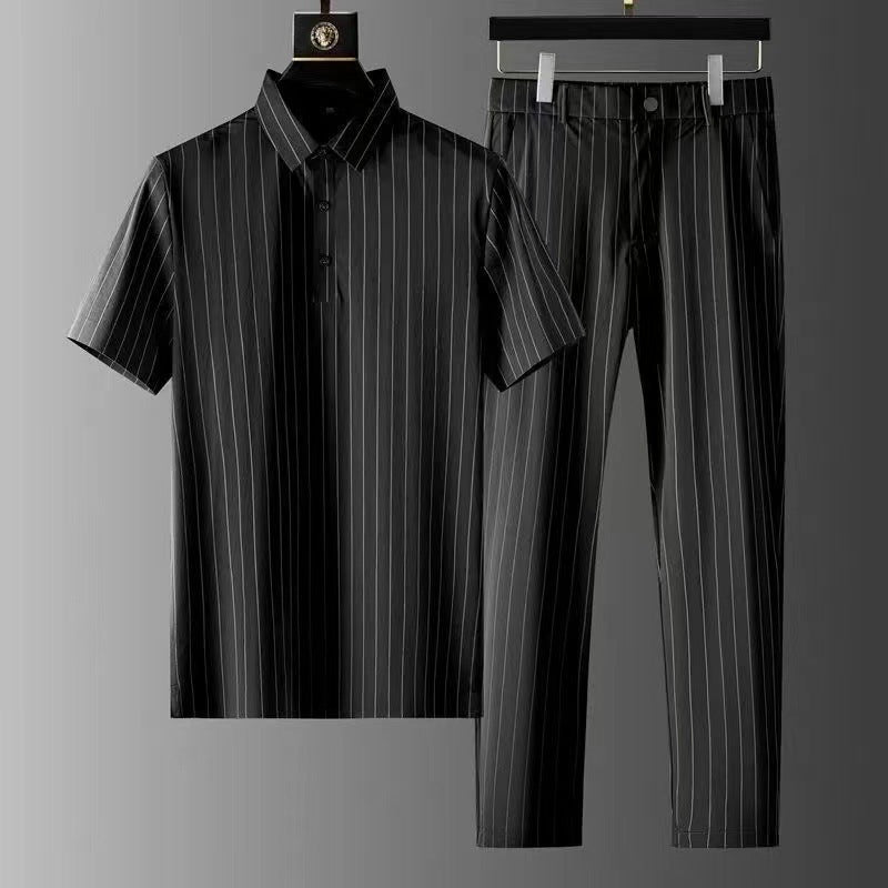 Ice Silk Stripes Short Sleeve Trousers Suit