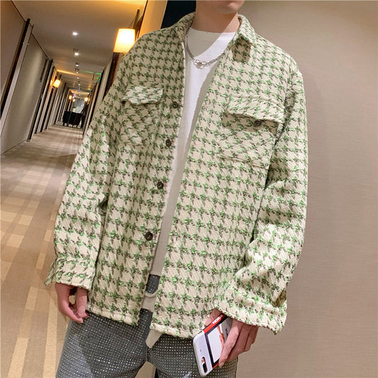 Woven Houndstooth Woolen Shirt Coat Big Pocket Shirt