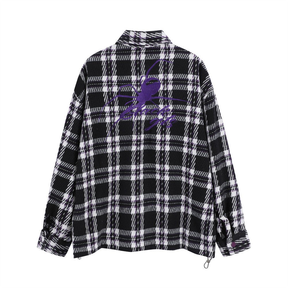 Plaid Spider Embroidery Button Loose Lapels Jacket