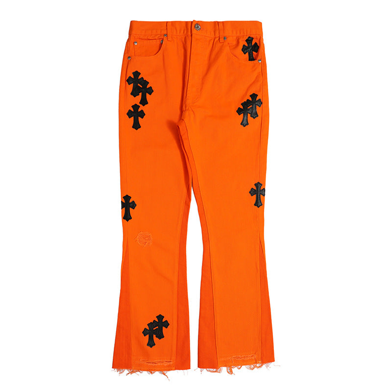 New Cross Embroidered Silver Button Orange Flared Pants