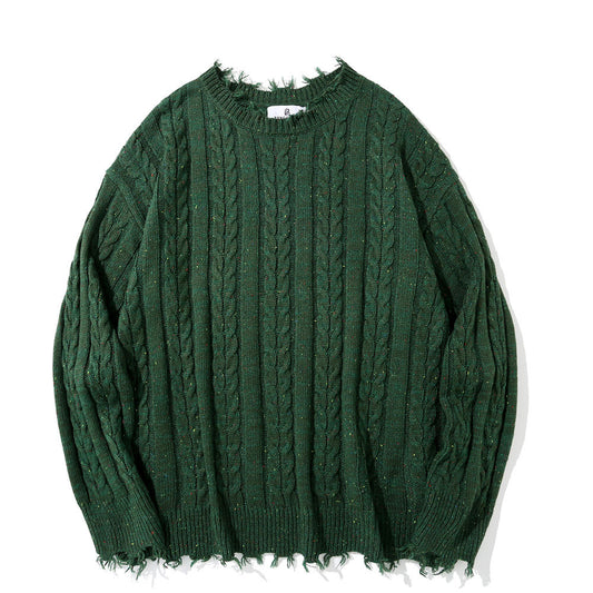 Pure Color Jacquard Twist Ripped Sweater