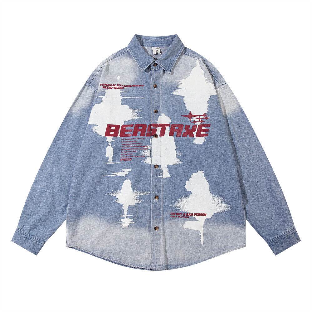 Dark Depressed Abstract Printing Shirt Denim Coat