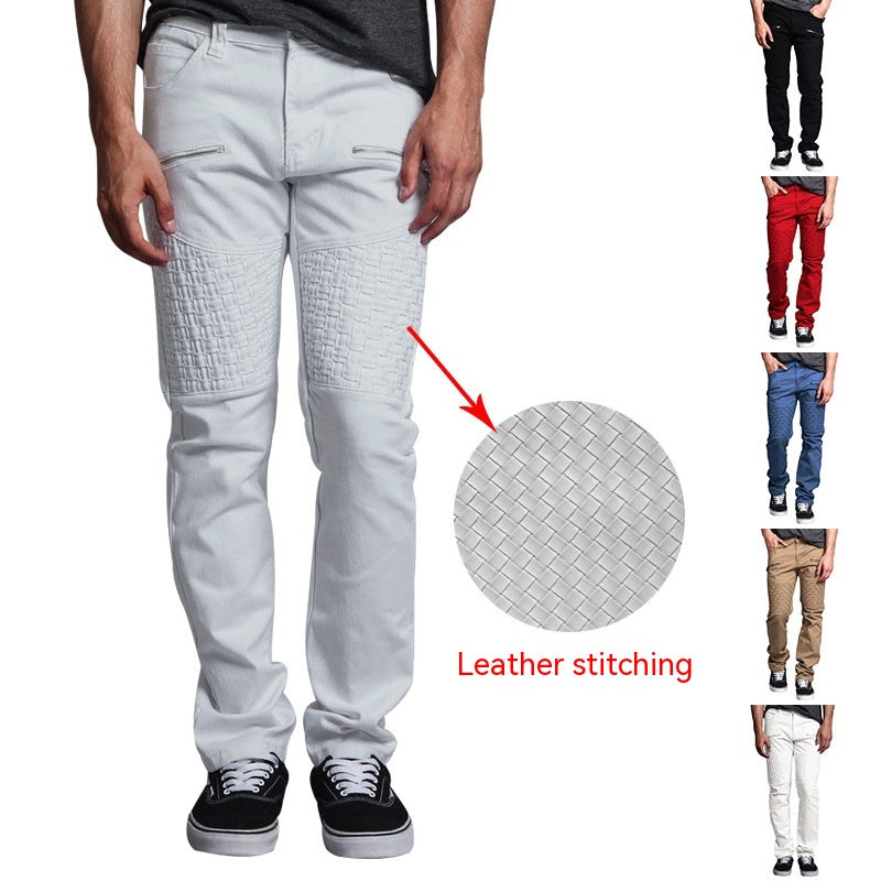 Leather Stitching Thin Straight-leg Zipper Pants