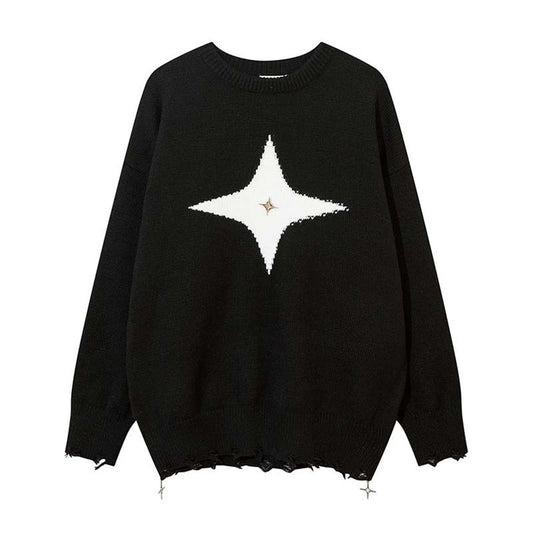 Street Tide Retro Four-pointed Star Round Neck Sweater