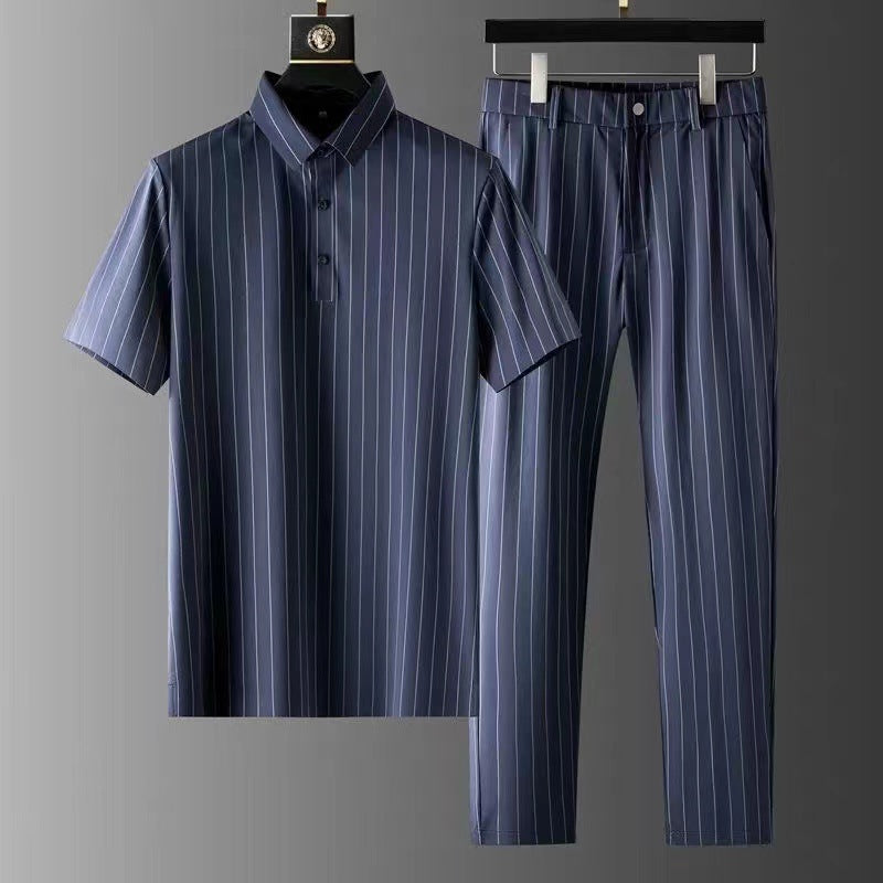 Ice Silk Stripes Short Sleeve Trousers Suit