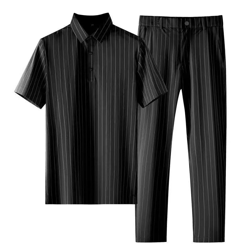 Ice Silk Stripes Short Sleeve Trousers Suit