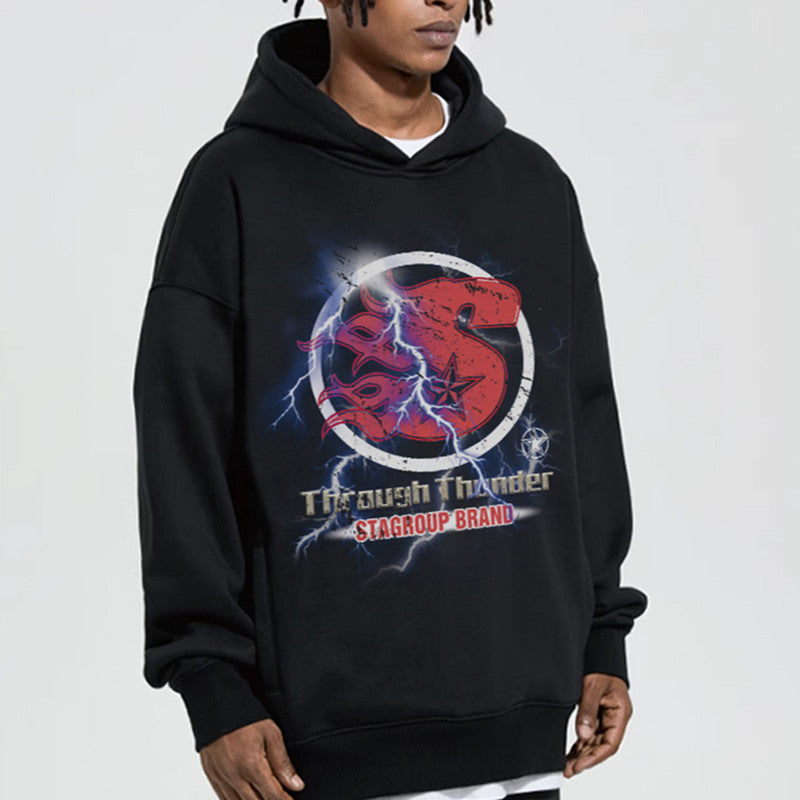 Retro Street Lightning Flame Loose Hoodie Man