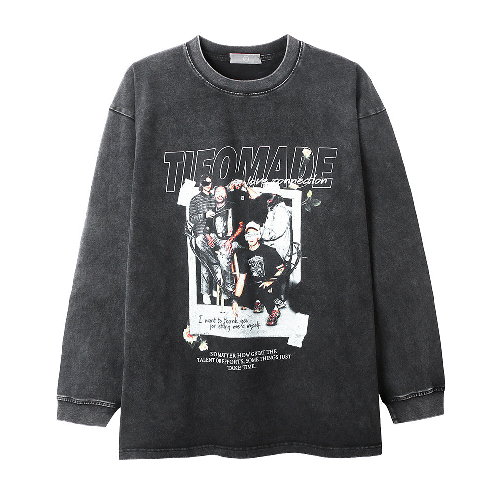 Washed Old Character Printed Long-sleeved T-shirt