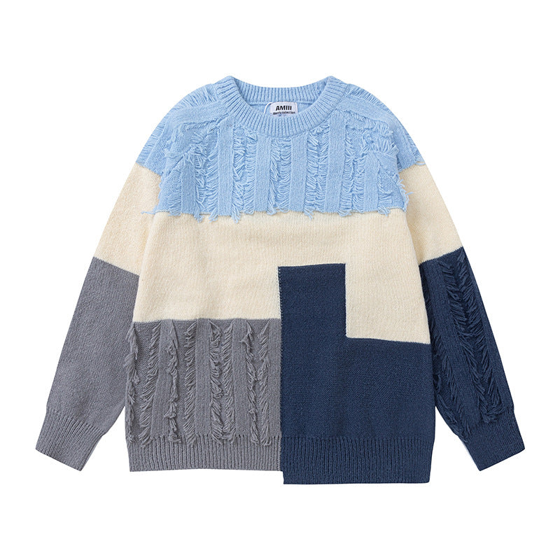 Retro Patchwork Contrast Color Velvet Thickening Sweater Japanese Minority Burr Idle Style