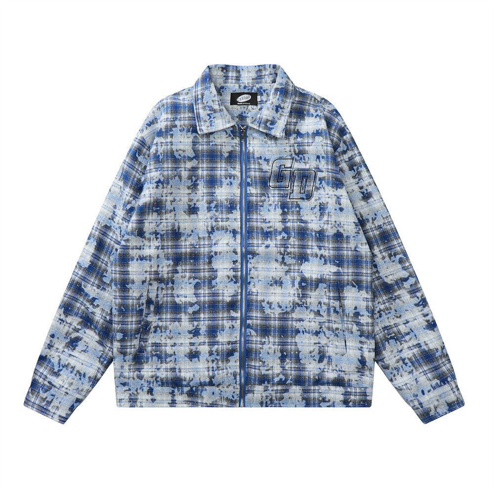 Tie-dyed Distressed Plaid Shirt Jacket