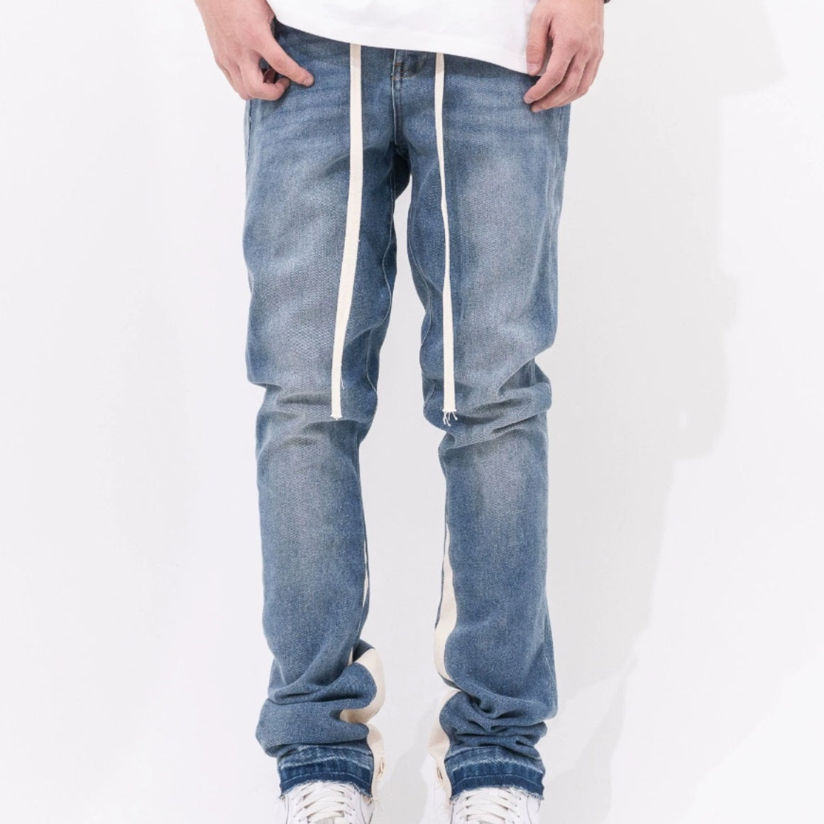 Washed Distressed Stitching & Brushed - Slightly Flared blue Jeans