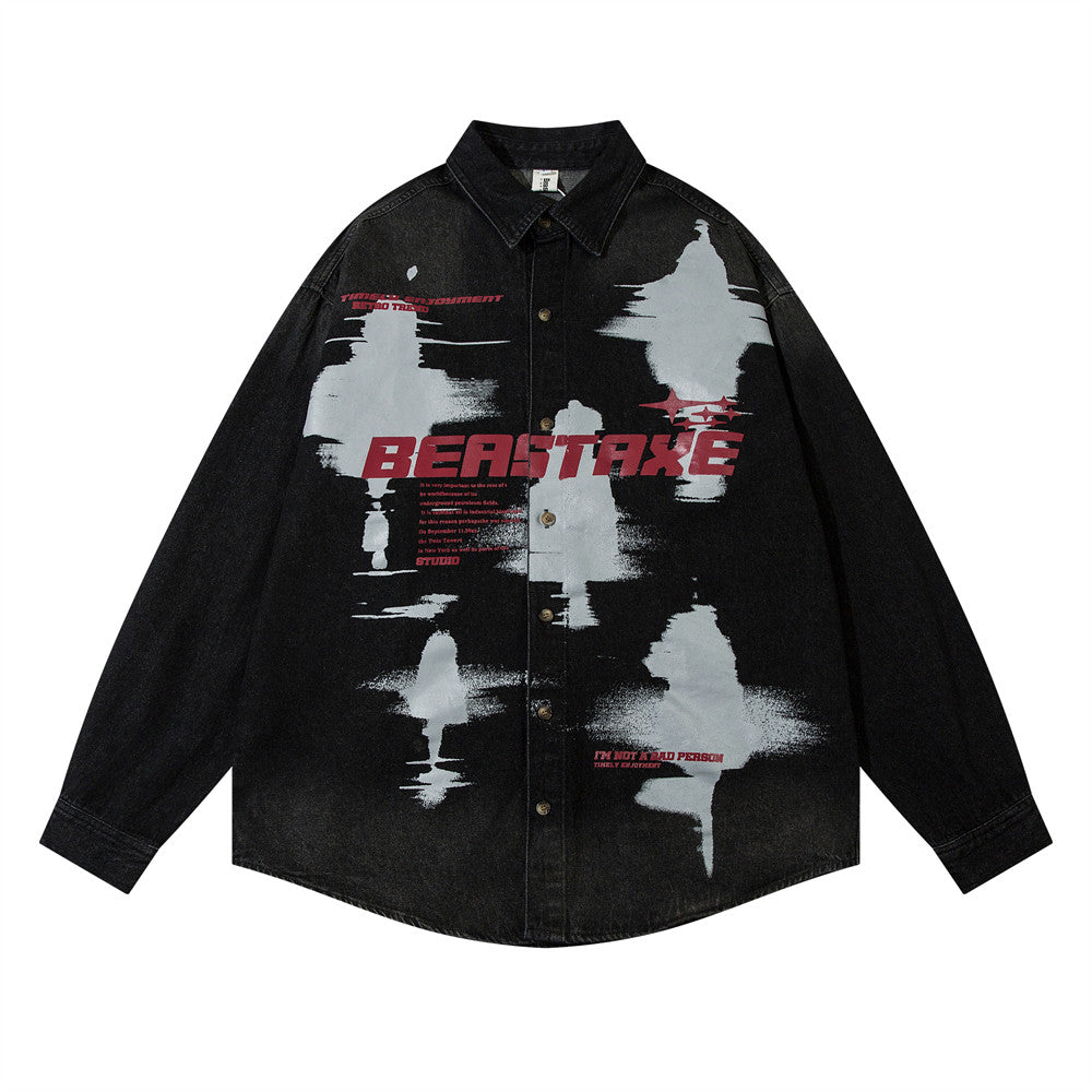 Dark Depressed Abstract Printing Shirt Denim Coat