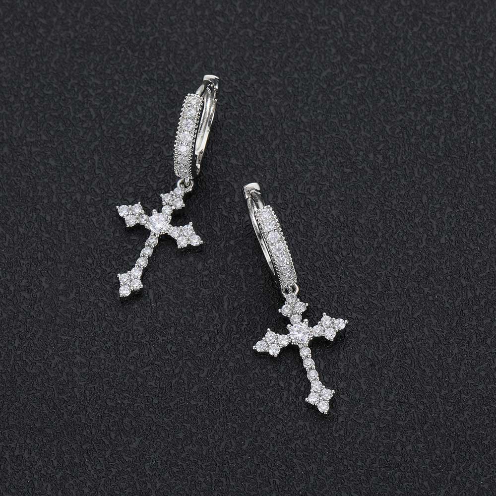 Silver Needle Inlaid Zirconium Cross Ear Buckle