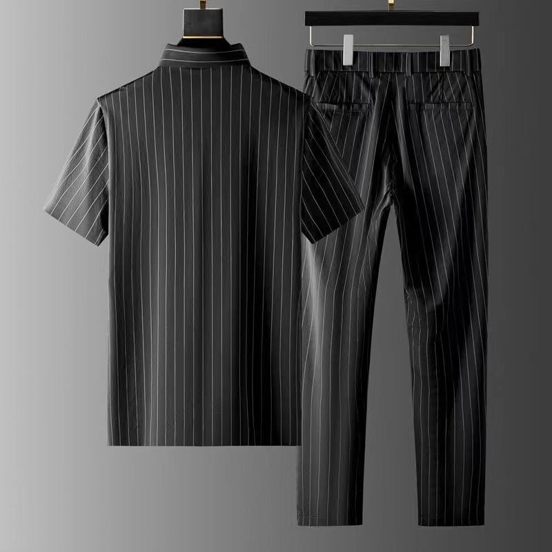 Ice Silk Stripes Short Sleeve Trousers Suit