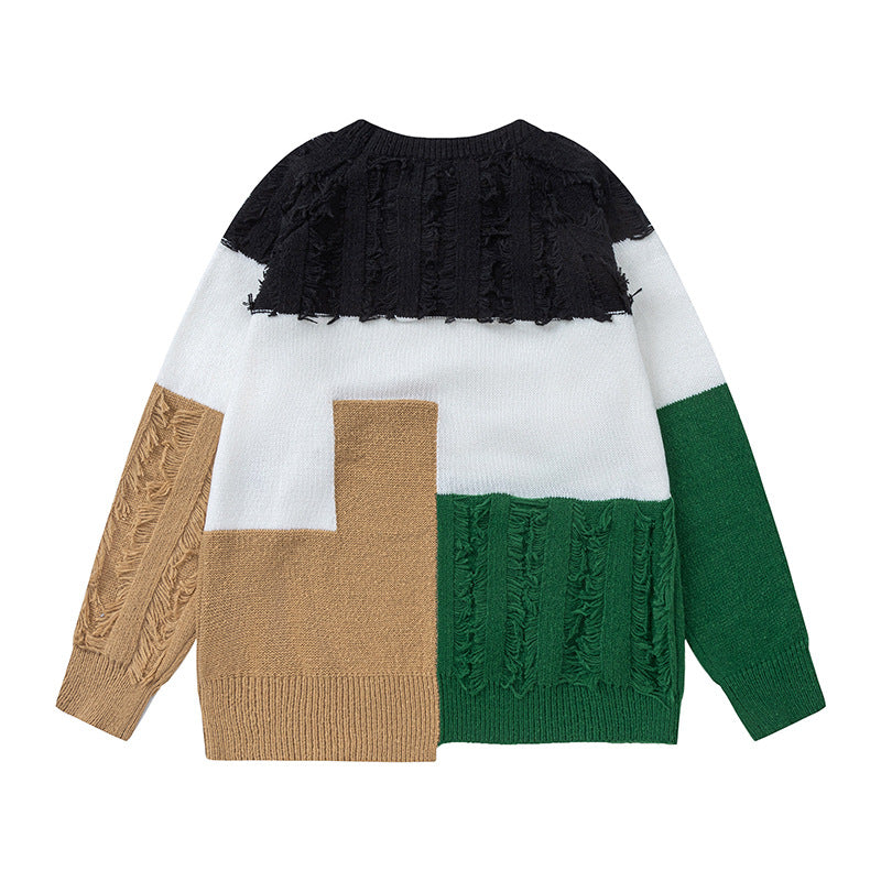 Retro Patchwork Contrast Color Velvet Thickening Sweater Japanese Minority Burr Idle Style