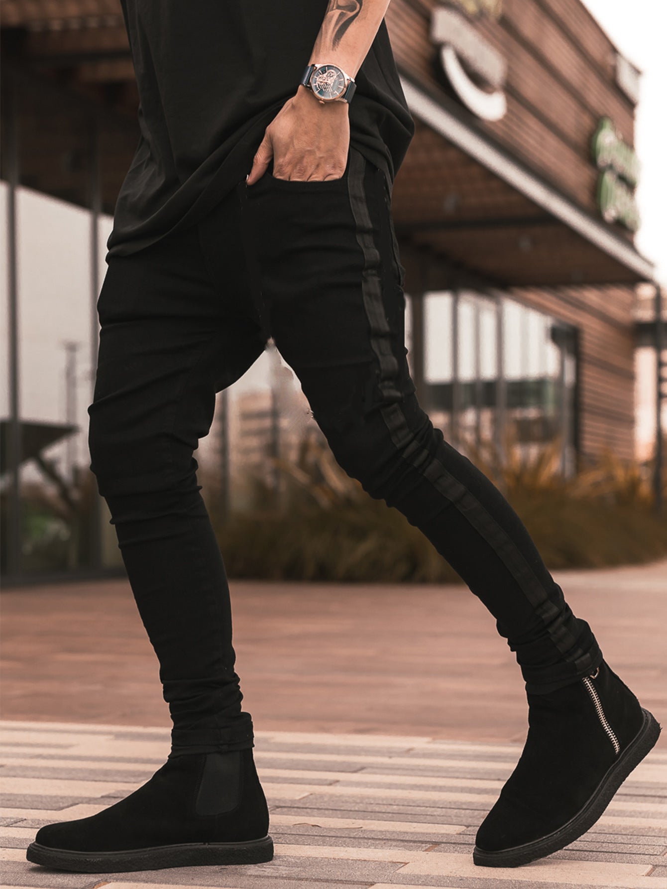 Ripped Black Slim-fit High Waist Denim Trousers