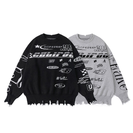 High Street Racing Retro Broken Design Round Neck Sweater