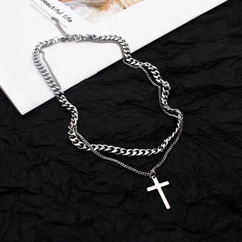 Titanium Steel Double Layer Cross Necklace