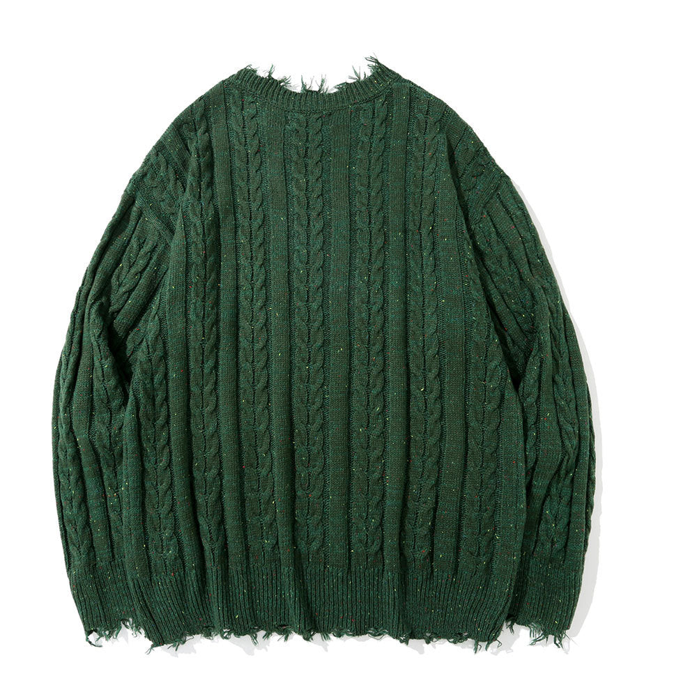 Pure Color Jacquard Twist Ripped Sweater