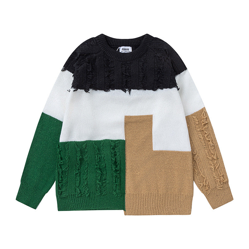 Retro Patchwork Contrast Color Velvet Thickening Sweater Japanese Minority Burr Idle Style