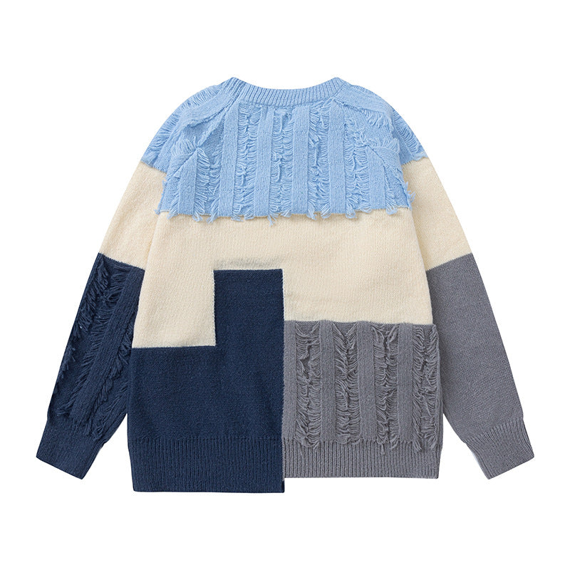 Retro Patchwork Contrast Color Velvet Thickening Sweater Japanese Minority Burr Idle Style