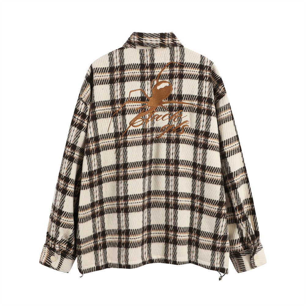 Plaid Spider Embroidery Button Loose Lapels Jacket