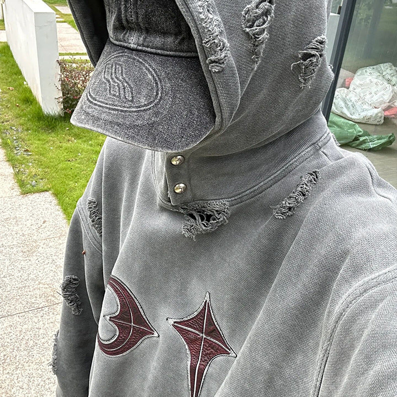 Heavy Washed And Worn Destroyed Casual Hooded Sweater