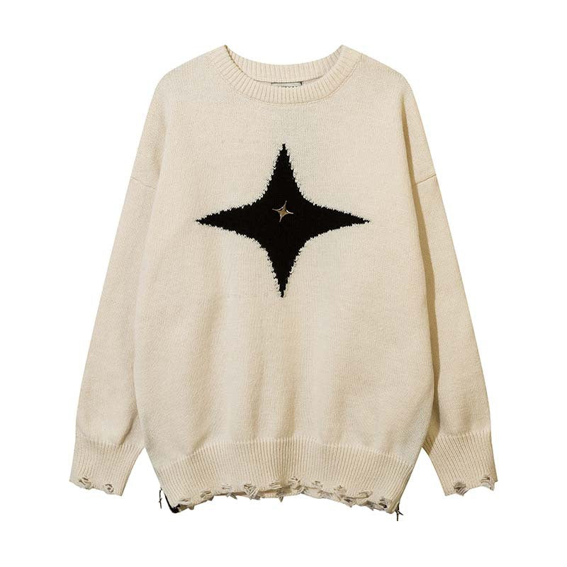 Street Tide Retro Four-pointed Star Round Neck Sweater