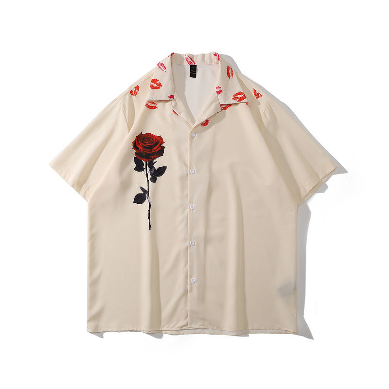 Retro Lip Print Rose Short-sleeved Shirt Tide Brand Street Loose Oversize Flower Shirt